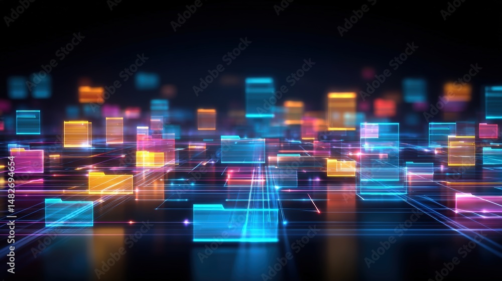 Poster abstract network grid with files and folders, futuristic software interface, digital document manage
