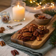 Fototapeta premium Delicious candied pecans displayed on a rustic wooden board beside a candle and festive lights creating a cozy winter scene perfect for holiday recipes and food blogs.