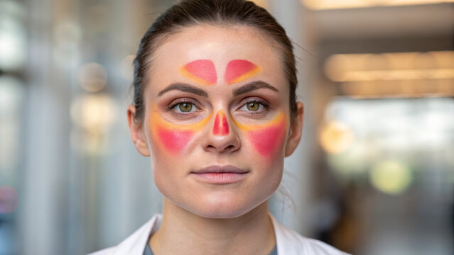 Sinus and Inflammation concept ,woman with colorful face contouring makeup highlighting inflamed sinus areas