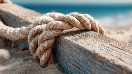 Fototapeta premium Beach scene on blue wooden with summer vacation and sand concept. Close-up of a rope knot on wood against a sandy beach backdrop.