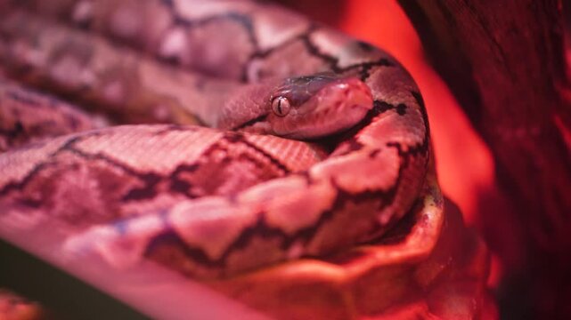 A python sheds its skin by crawling along the branches of a tree. reptiles, creeping.