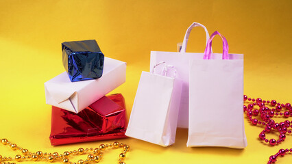 Gift box and bag made from craft paper the concept of handmade gift. Isolated background.
