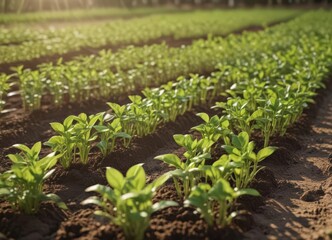 Bright spring sunshine on rows of young seedlings in garden bed, showing vibrant green leaves and rich soil,  vegetation,  healthy,  flora