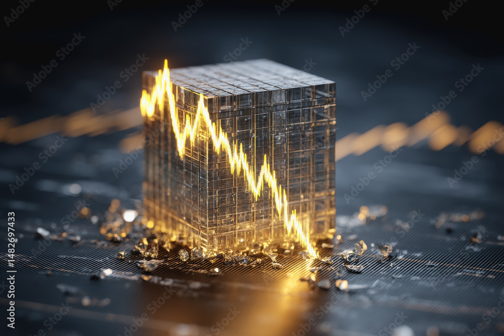 Poster a shiny gold cube with a trending graph chart on it representing economic trends and predictions in 