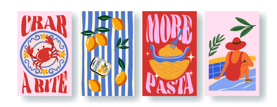 Colorful poster set with Italian summer elements: crab, sardines, lemons, pasta, and a woman by the pool. Bold retro graphics for themes of vacation, travel, food, or Mediterranean life