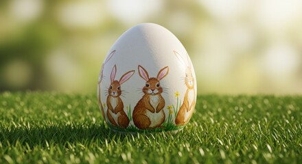 Easter Egg with Bunny on Green Grass
