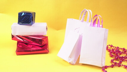 Gift box and bag made from craft paper the concept of handmade gift. Isolated background.
