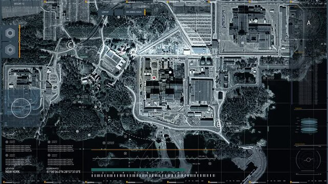 Searching for a target location using a spy satellite system. Spy Location tracking software is scanning the area with a satellite. Spy satellite detecting the location of the target headquarters. UI.