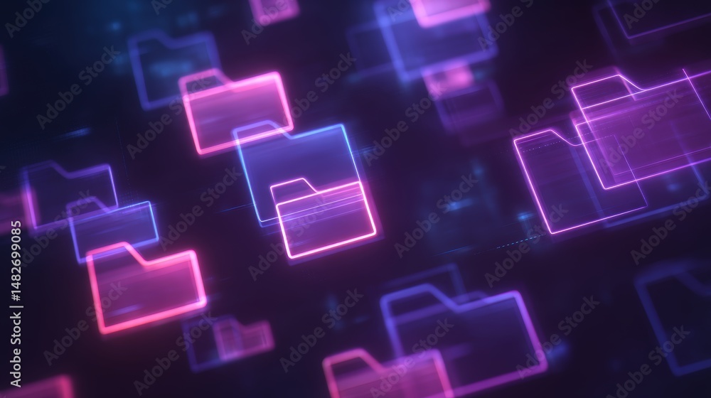 Poster abstract network grid with files and folders, futuristic software interface, digital document manage