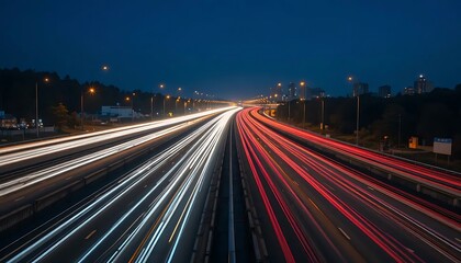 Night highway showcases dynamic light trails from cars moving with city lights in background.