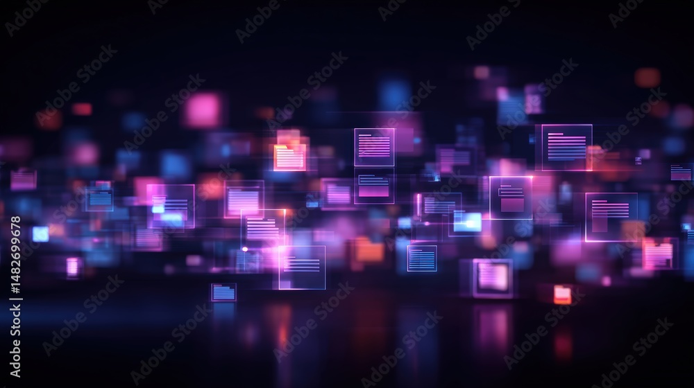 Poster abstract network grid with files and folders, futuristic software interface, digital document manage