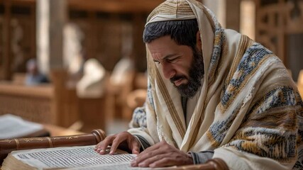 Mature bearded man wearing traditional prayer shawl reading religious scripture with ancient text in a bright indoor setting for religious context