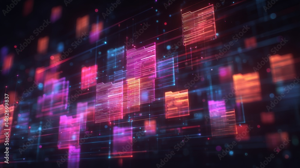 Poster abstract network grid with files and folders, futuristic software interface, digital document manage