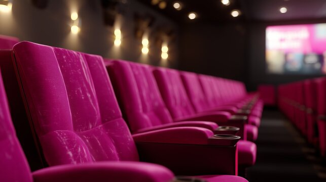 Plush pink theater seats in a modern cinema waiting for viewers before the movie starts