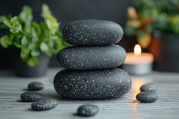 Spa beauty treatment items for hot stone massage on a white wooden table