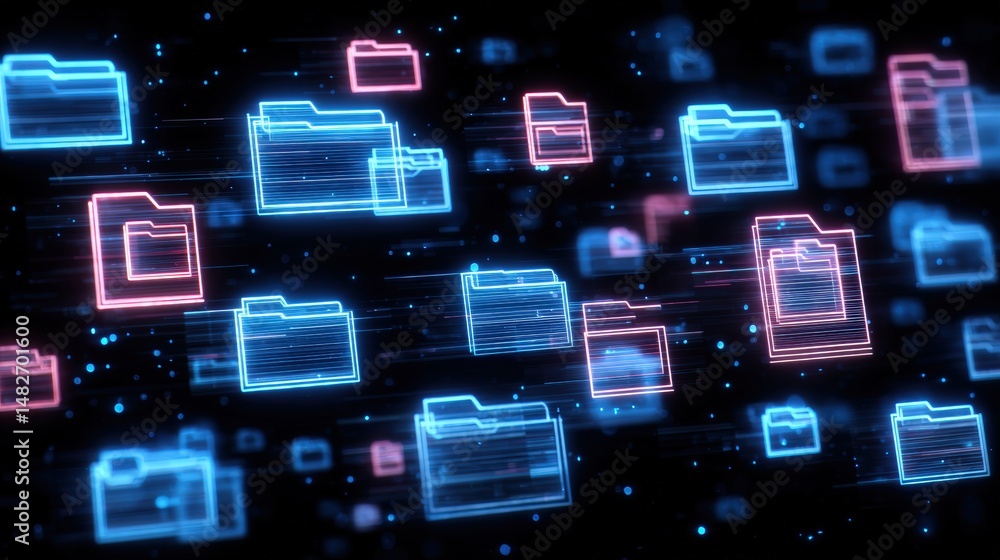 Poster abstract network grid with files and folders, futuristic software interface, digital document manage
