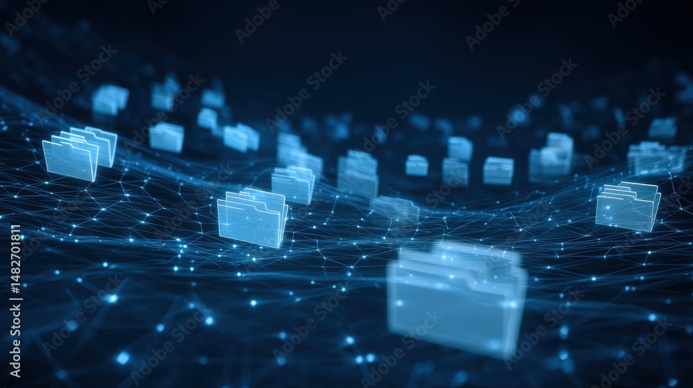 Poster abstract network grid with files and folders, futuristic software interface, digital document manage
