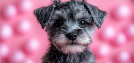 Adorable Miniature Schnauzer Puppy Posing Against a Pink Background