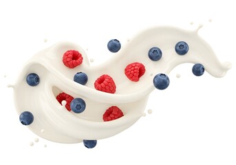 Fototapeta premium Creamy Milk Splash with Raspberries and Blueberries A Delicious Dairy Delight