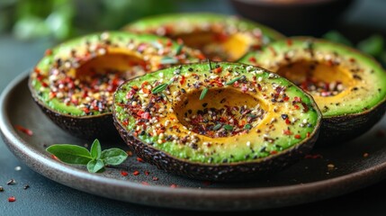 Delicious Spicy Roasted Avocado Halves with Sesame Seeds and Herbs