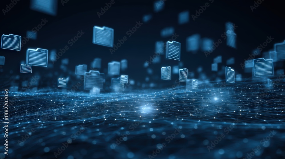 Poster abstract network grid with files and folders, futuristic software interface, digital document manage