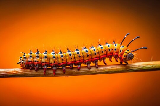Minimalist Vertical: Orange Caterpillar Descending a Twig Against a Vibrant Orange Backdrop - Low Light Photography Stock Photo