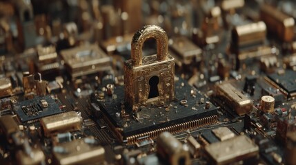 Realistic Close-Up of a Golden Padlock on a Circuit Board Symbolizing Encryption and Security Technology