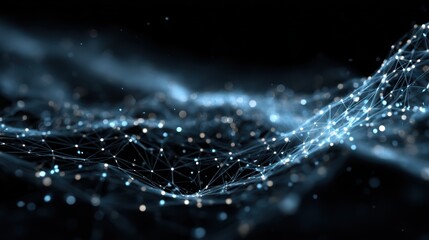 A blue digital network structure with glowing nodes and lines, illustrating complex technology connections