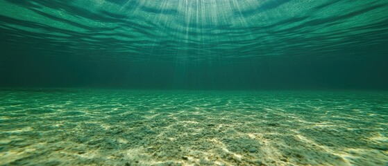 Underwater shot. Light filters to the sandy bottom through clear blue water. A serene view