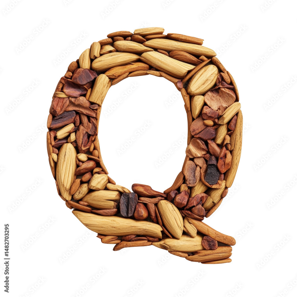 Poster letter q made from a variety of mixed nuts and seeds arranged in a circular shape on a white backgro