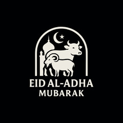 Beautiful Eid al-Adha Mubarak greeting design featuring a cow, a ram, a mosque dome, crescent moon, star, and a hanging lantern. Perfect for Islamic festival celebrations, Qurbani events, and Eid gree