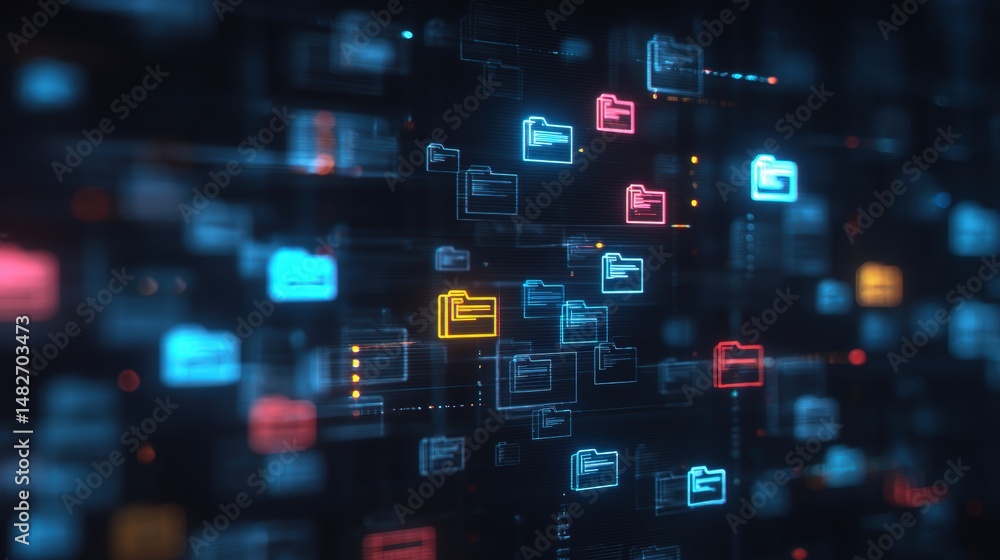 Poster abstract network grid with files and folders, futuristic software interface, digital document manage