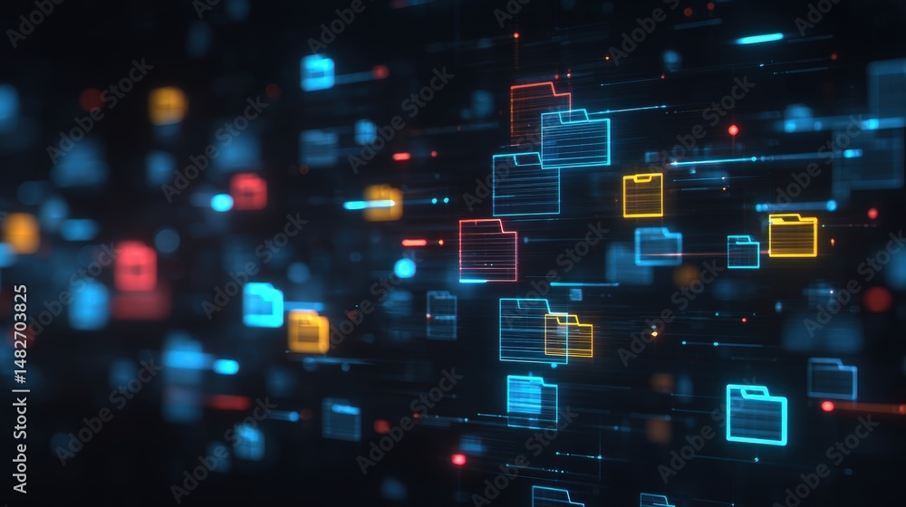 Poster abstract network grid with files and folders, futuristic software interface, digital document manage