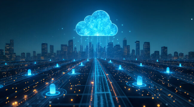 Cloud computing technology network city skyline digital transformation innovation future tech trends