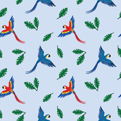 Vector seamless parrots pattern. Colorful flying parrot on blue background. Vector red and blue Arara pattern, Vector red Macaw pattern, Vector red Ara. Macaws on blue background seamless.