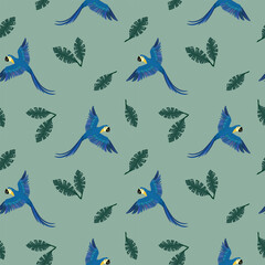 Vector seamless parrots pattern. Colorful flying parrot on green background. Vector blue Arara pattern, Vector blue Macaw pattern, Vector blue Ara. Macaws on green background seamless pattern.