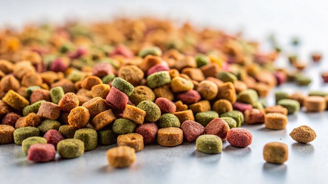 Minimalist Scattered Dog Food on White Background - Stock Photo