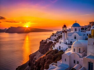 Fototapeta premium Minimalist Santorini Sunset: Cycladic Architecture Silhouette at Golden Hour