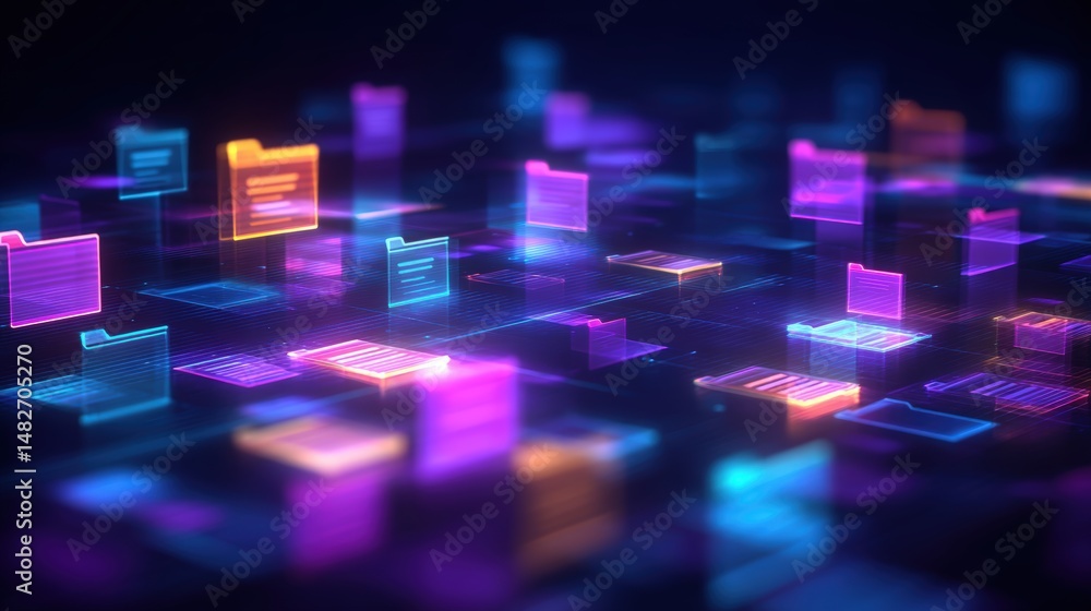 Poster abstract network grid with files and folders, futuristic software interface, digital document manage