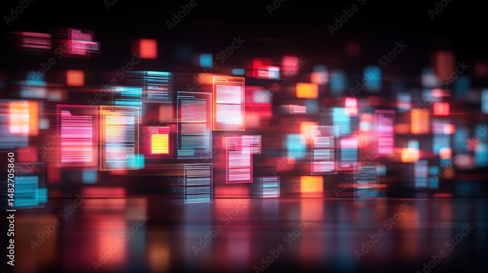 Poster abstract network grid with files and folders, futuristic software interface, digital document manage