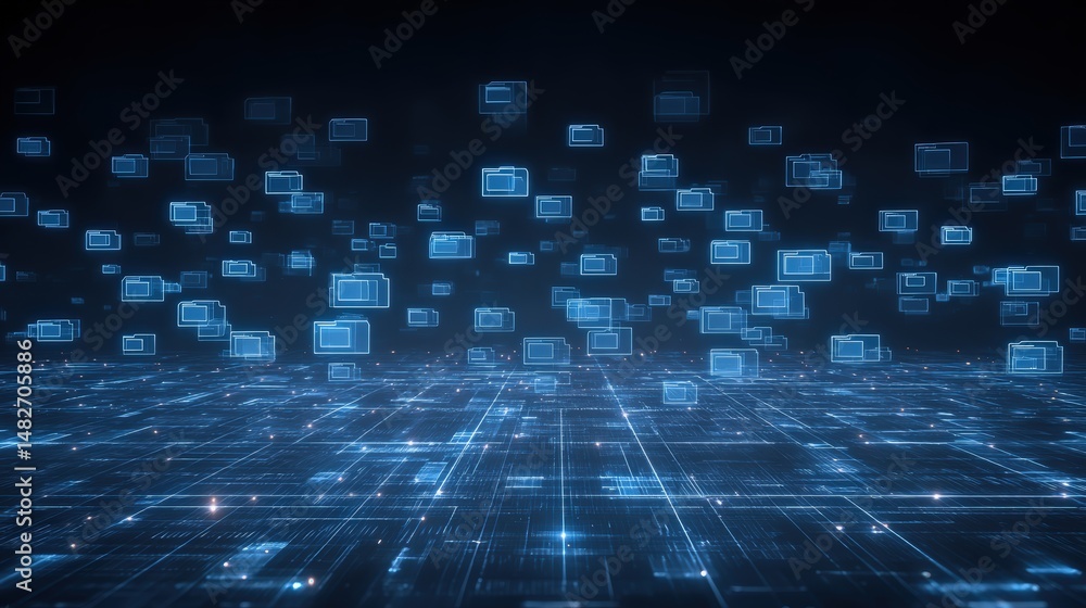 Poster abstract network grid with files and folders, futuristic software interface, digital document manage