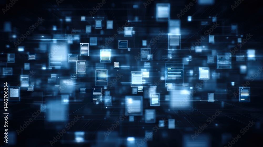 Poster abstract network grid with files and folders, futuristic software interface, digital document manage