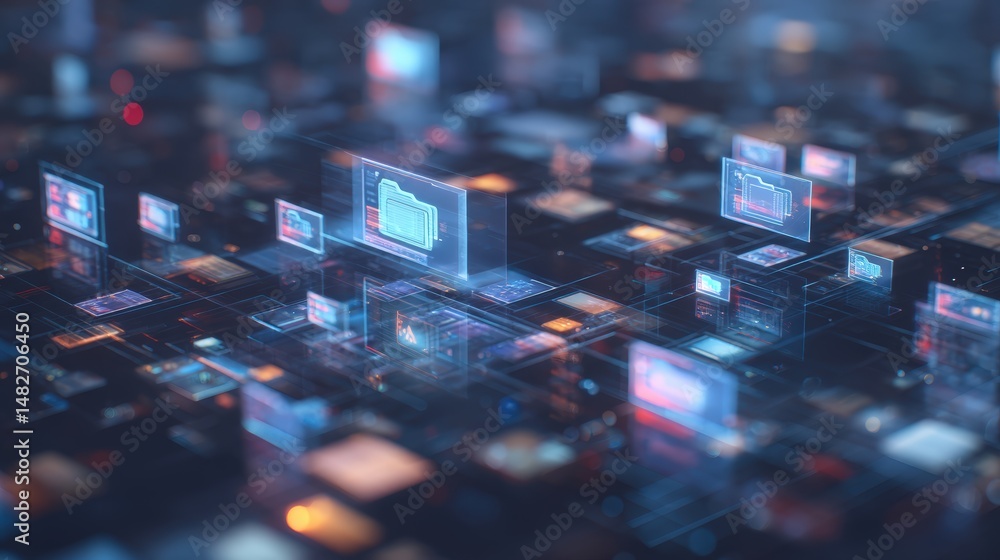 Poster abstract network grid with files and folders, futuristic software interface, digital document manage