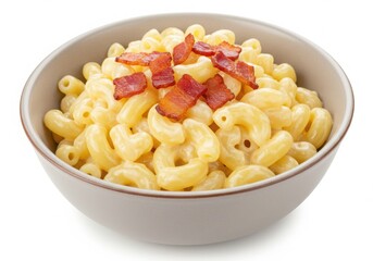 Macaroni and cheese with bacon bits in a bowl on a white background view