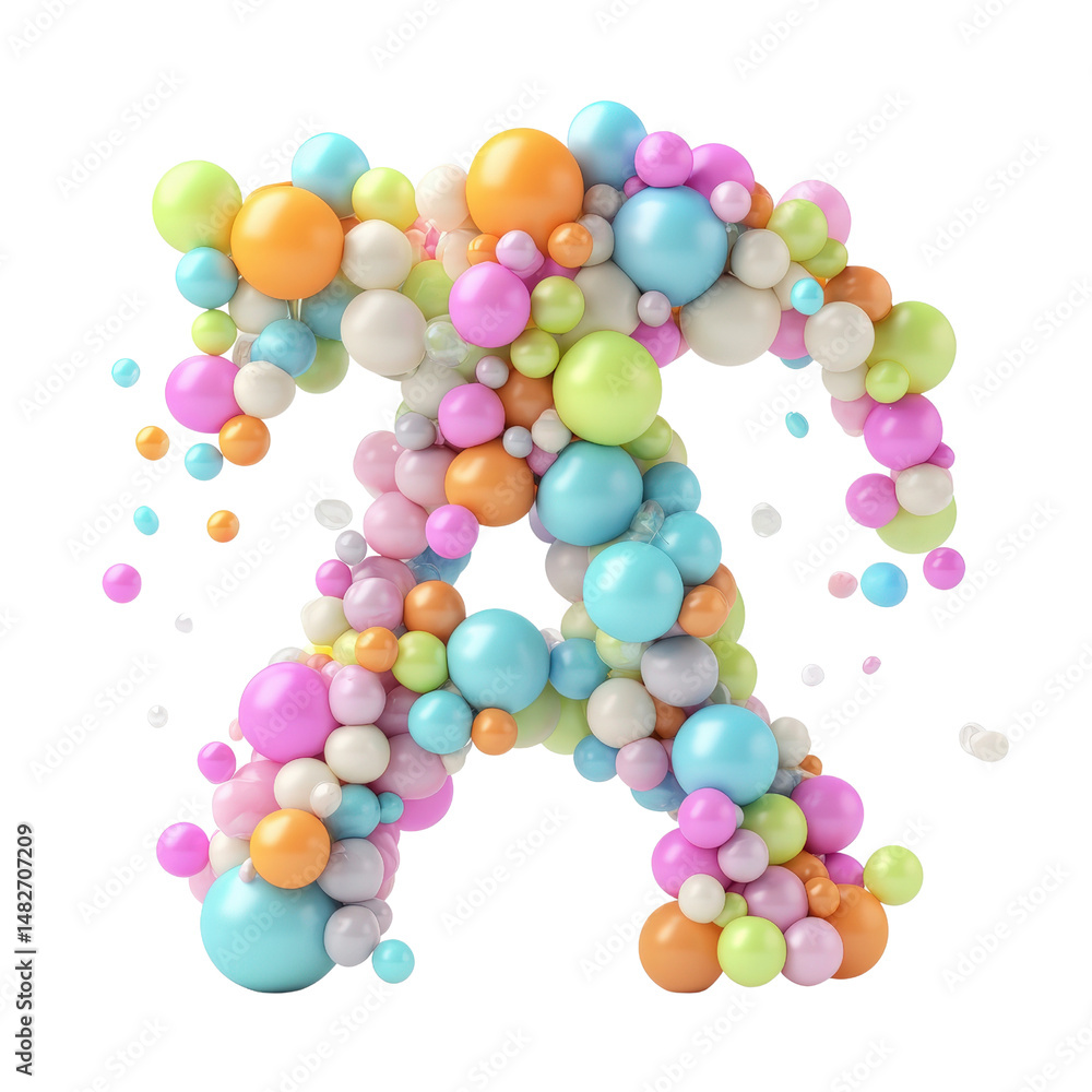 Poster colorful 3d sphere cluster composition creating letter a with vibrant small and large balls