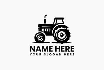 Simple black outline of historical agricultural tractor with distinctive wheels on white background. Farming equipment concept