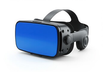 Fototapeta premium Isolated view of a black virtual reality headset with blue screen on white background