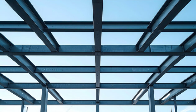 Steel beams form a grid against a bright blue sky. Architectural construction is visible.