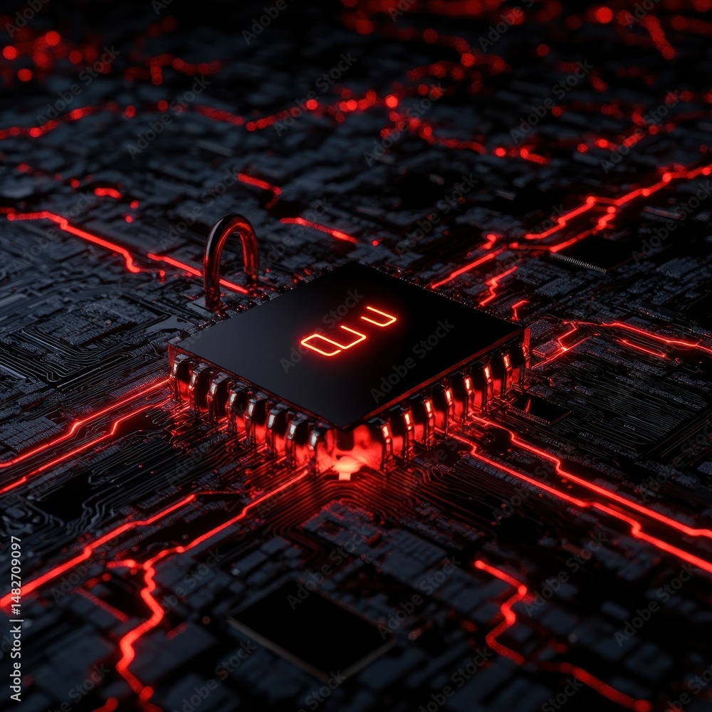 Aufkleber futuristic circuit board with microchip and glowing red lines