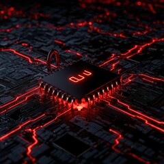 Futuristic Circuit Board with Microchip and Glowing Red Lines